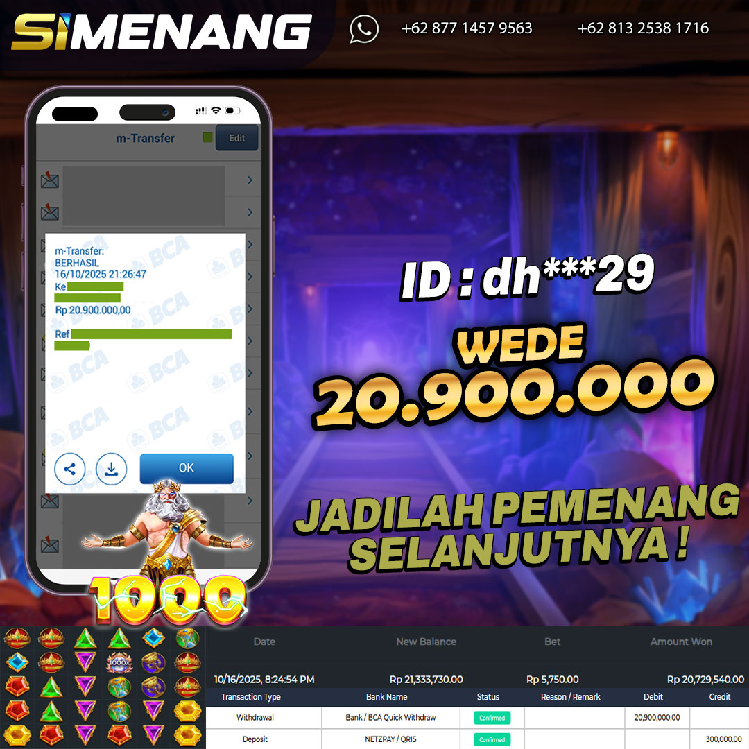 Bukti WD SIMENANG 20,9 juta Gates of Olympus 1000 16 Oktober 2025