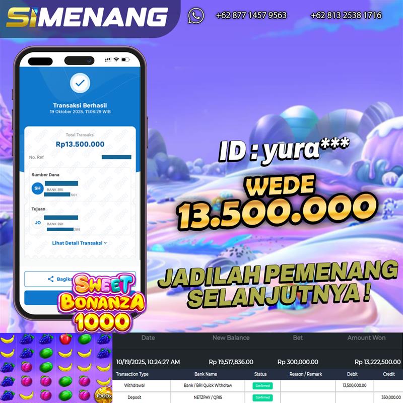 Bukti WD SIMENANG 13,5 juta Sweet Bonanza 1000 19 Oktober 2025