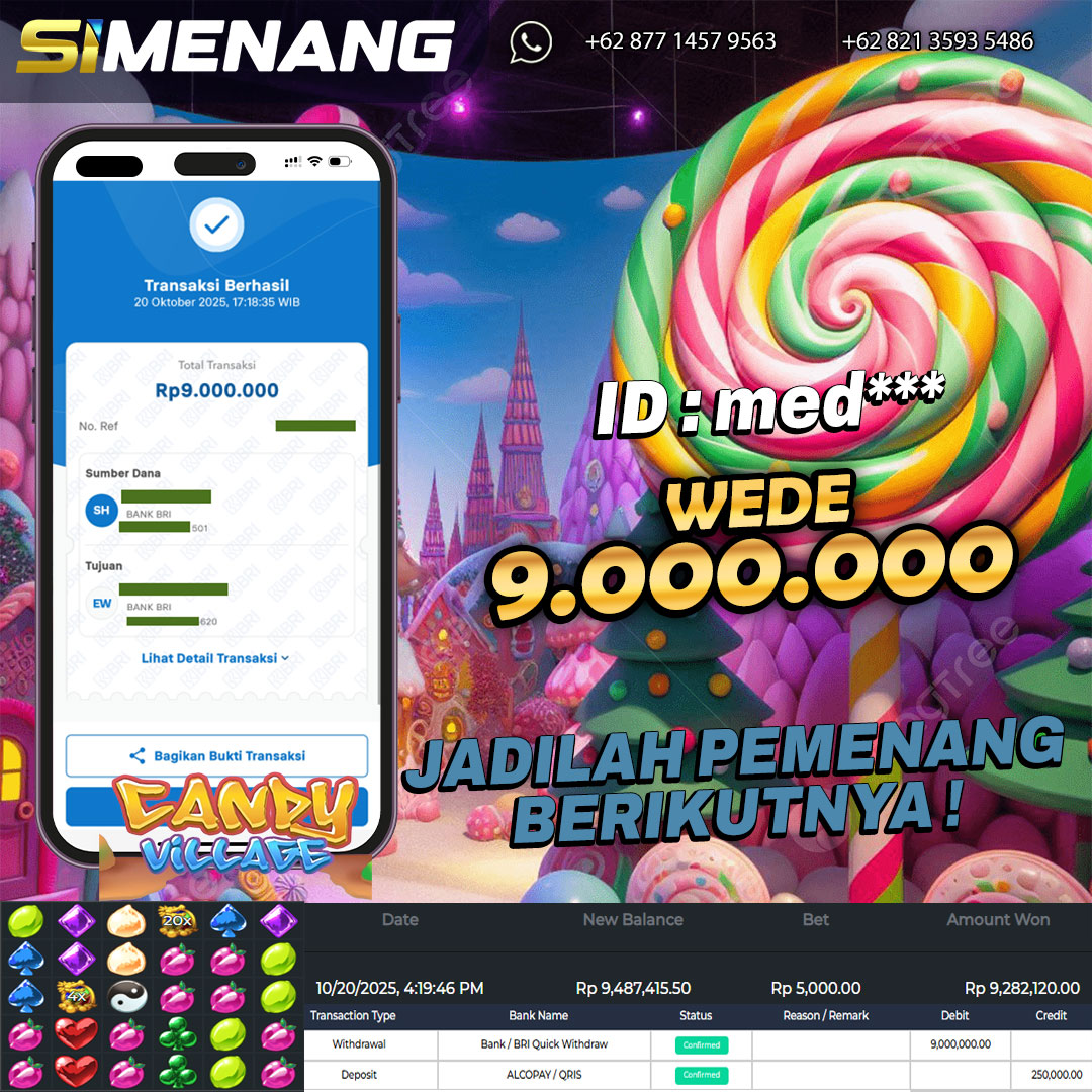Bukti WD SIMENANG 9 juta Candy Village 20 Oktober 2025