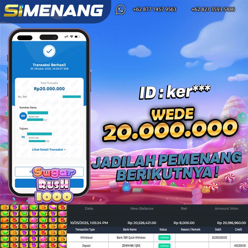 Bukti WD SIMENANG 20 juta Sugar Rush 1000 25 Oktober 2025