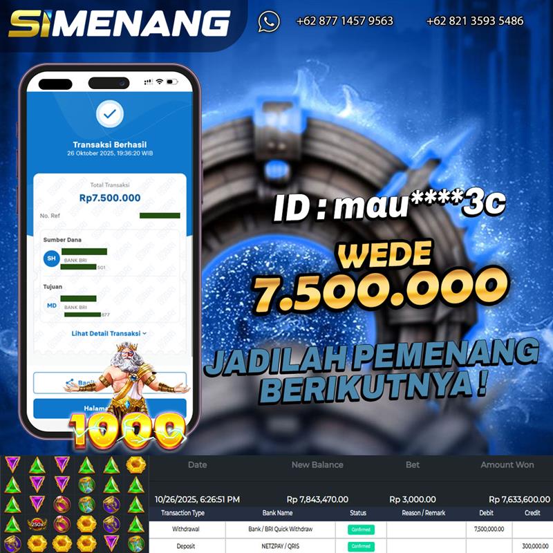 Bukti WD SIMENANG 7,5 juta Gates of Olympus 1000 26 Oktober 2025