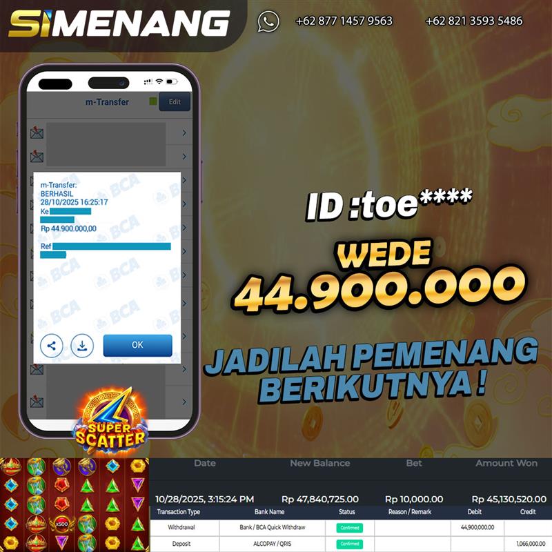 Bukti WD SIMENANG 44,9 juta Gates of Olympus Super Scatter 28 Oktober 2025