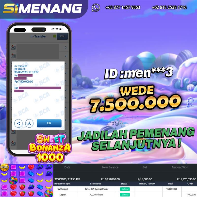 Bukti WD SIMENANG 7,5 juta Sweet Bonanza 1000 30 September 2025