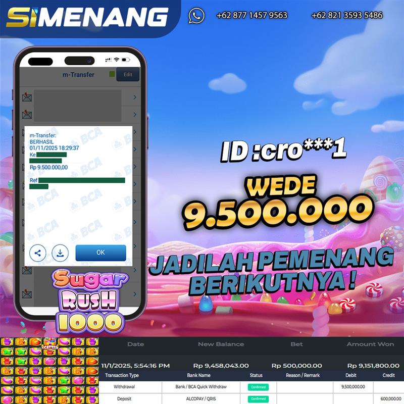 Bukti WD SIMENANG 9,5 juta Sugar Rush 1000 1 November 2025