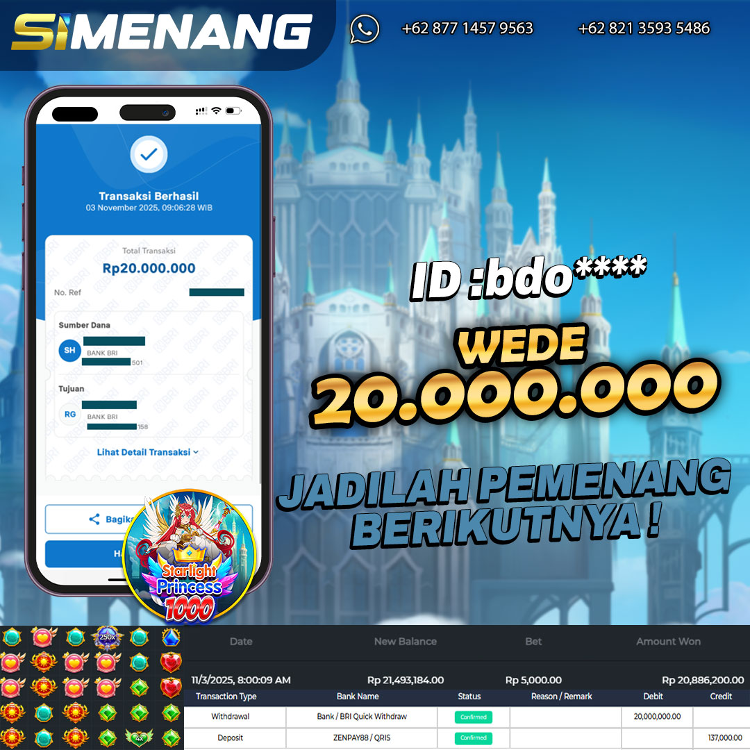 Bukti WD SIMENANG 20 juta Starlight Princess 1000 3 November 2025