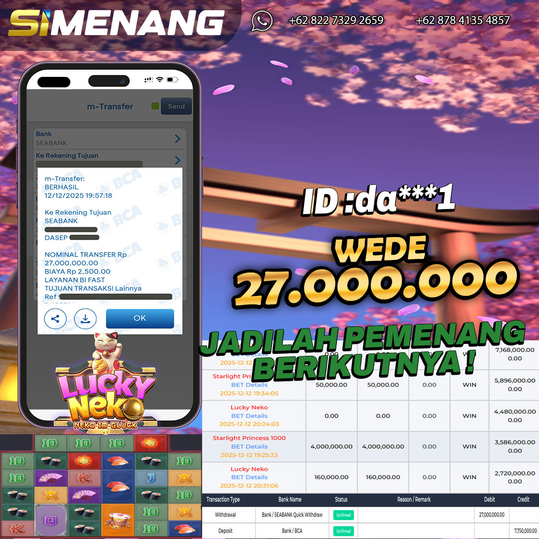 Bukti WD SIMENANG 27 juta Lucky Neko 12 Desember 2025