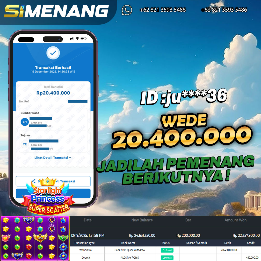 Bukti WD SIMENANG 20,4 juta Starlight Princess Super Scatter 19 Desember 2025