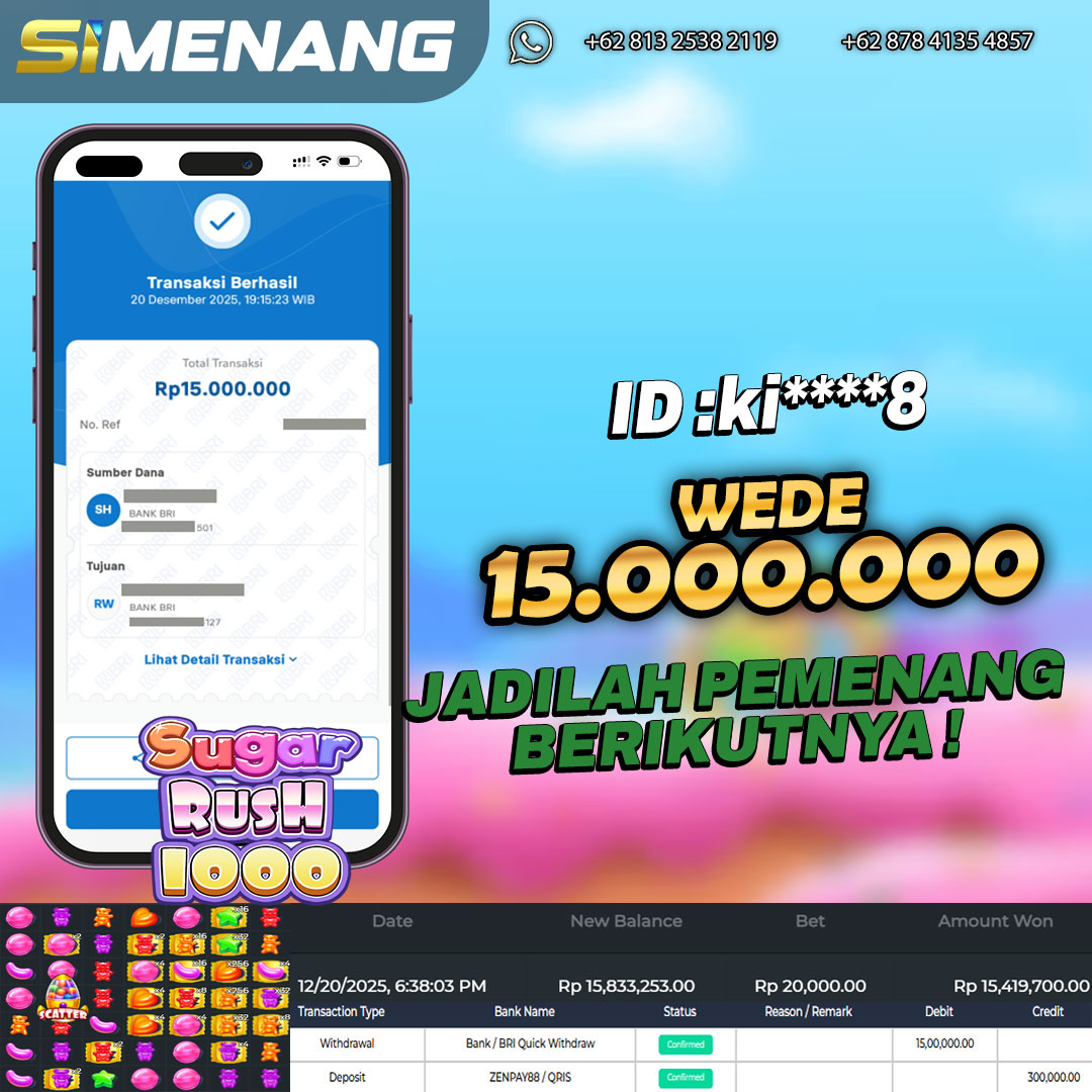 Bukti WD SIMENANG 15 juta Sugar Rush 1000 20 Desember 2025