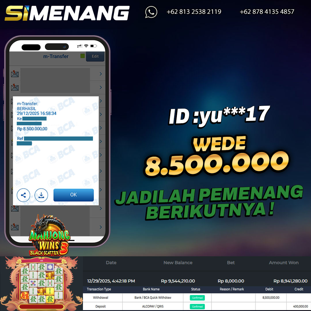 Bukti WD SIMENANG 8,5 juta Mahjong Wins 3 29 Desember 2025