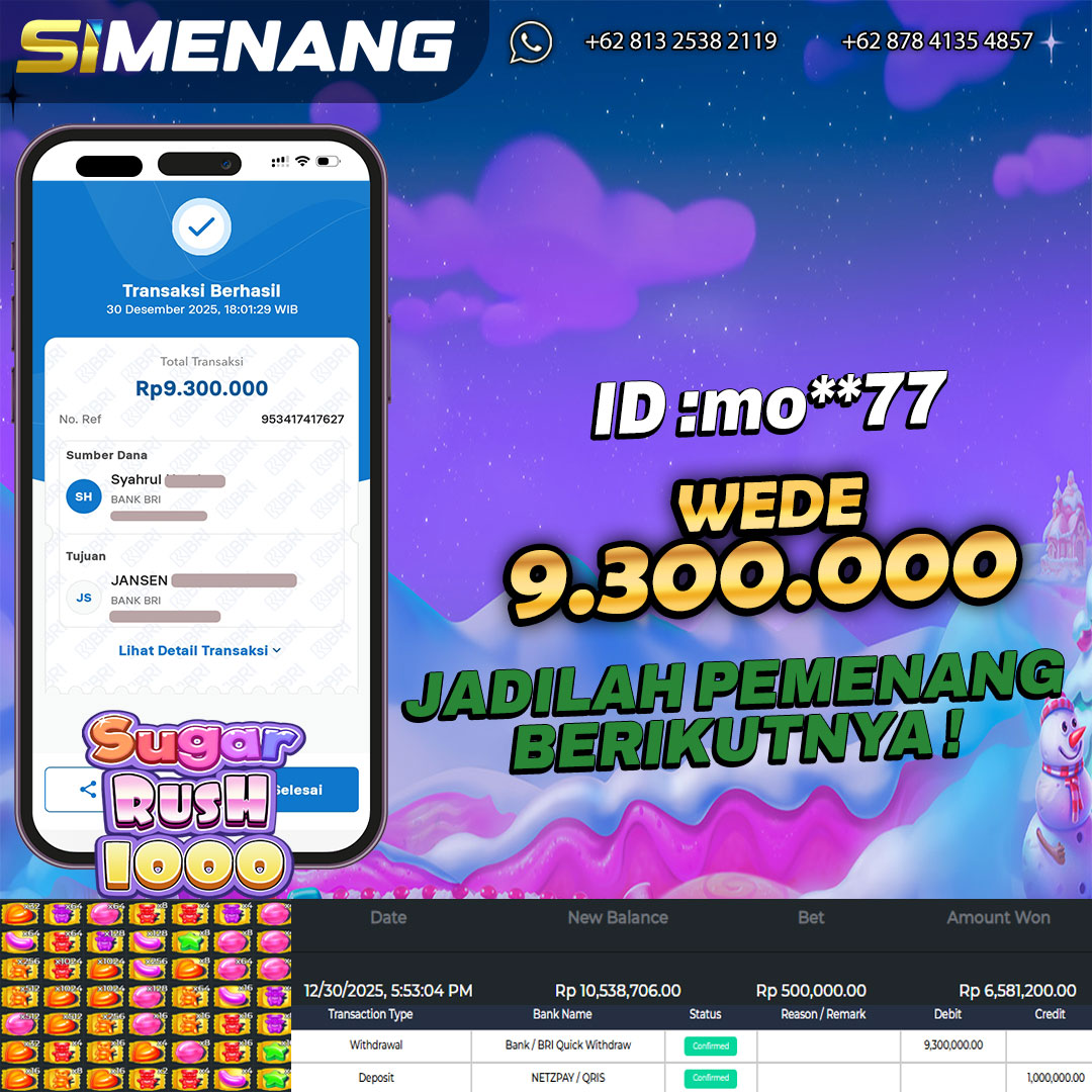 Bukti WD SIMENANG 9,3 juta Sugar Rush 1000 30 Desember 2025