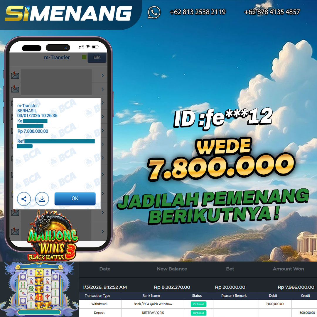 Bukti WD SIMENANG 7,8 juta Mahjong Wins 3 3 januari 2026