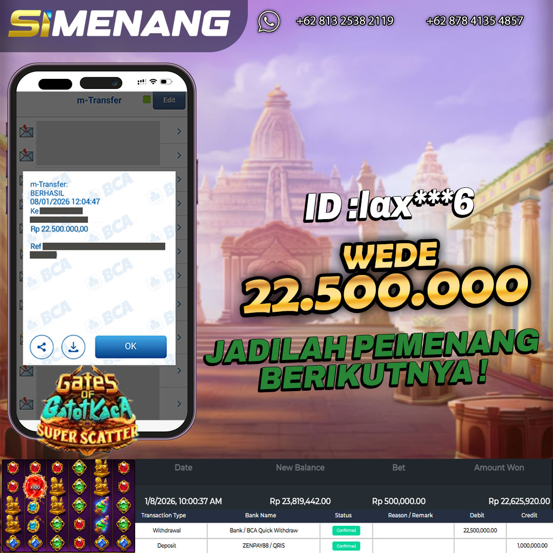 Bukti WD SIMENANG 22,5 juta Gates of Gatot Kaca Super Scatter 8 Januari 2026