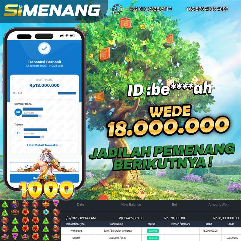 Bukti WD SIMENANG 18 juta Gates of Olympus 1000 12 Januari 2026