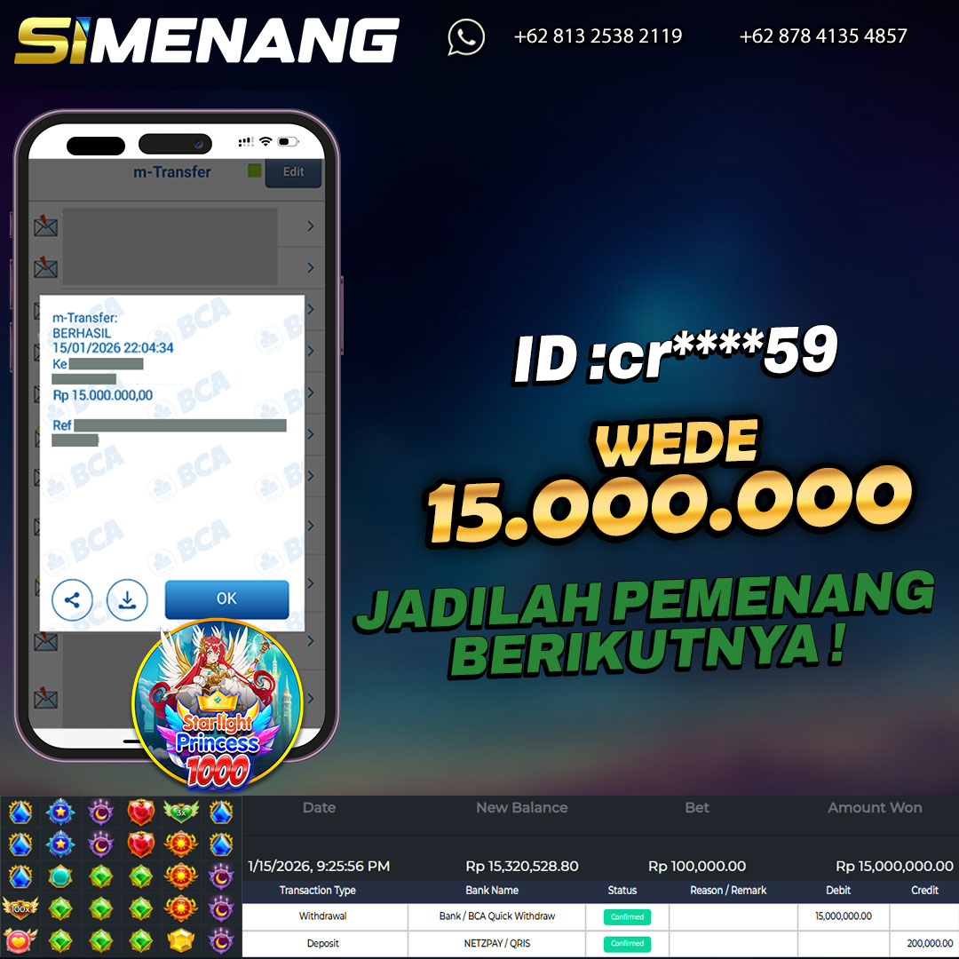 Bukti WD SIMENANG 15 juta Starlight Princess 1000 15 Januari 2026