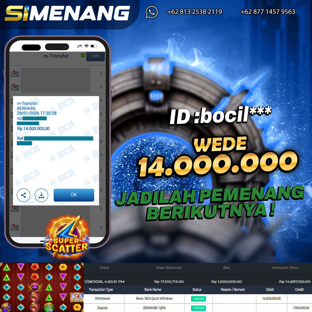 Bukti WD SIMENANG 14 juta Gates of Olympus Super Scatter 28 Januari 2026