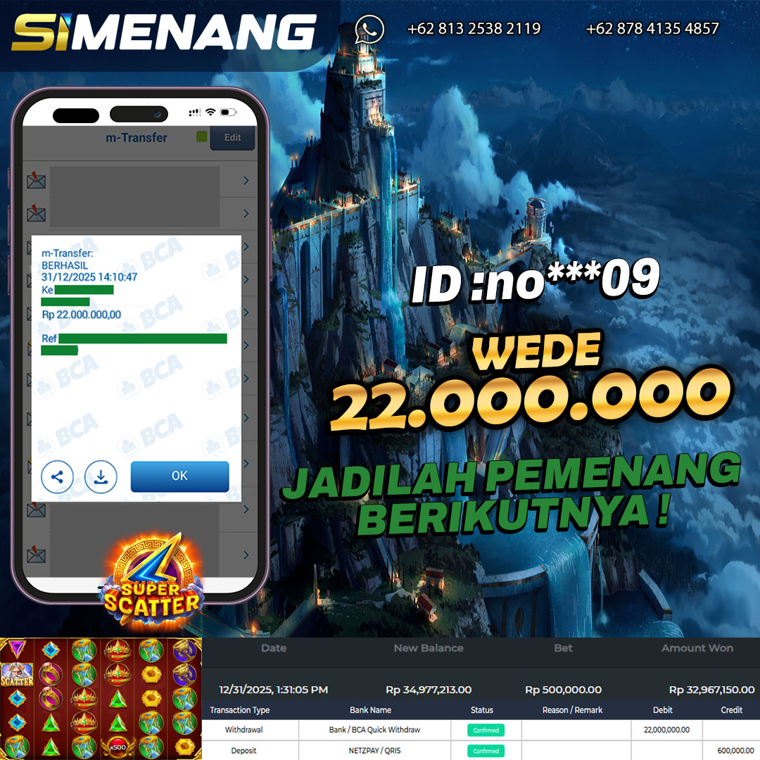Bukti WD SIMENANG 22 juta Gates of Olympus Super Scatter 31 Desember 2025