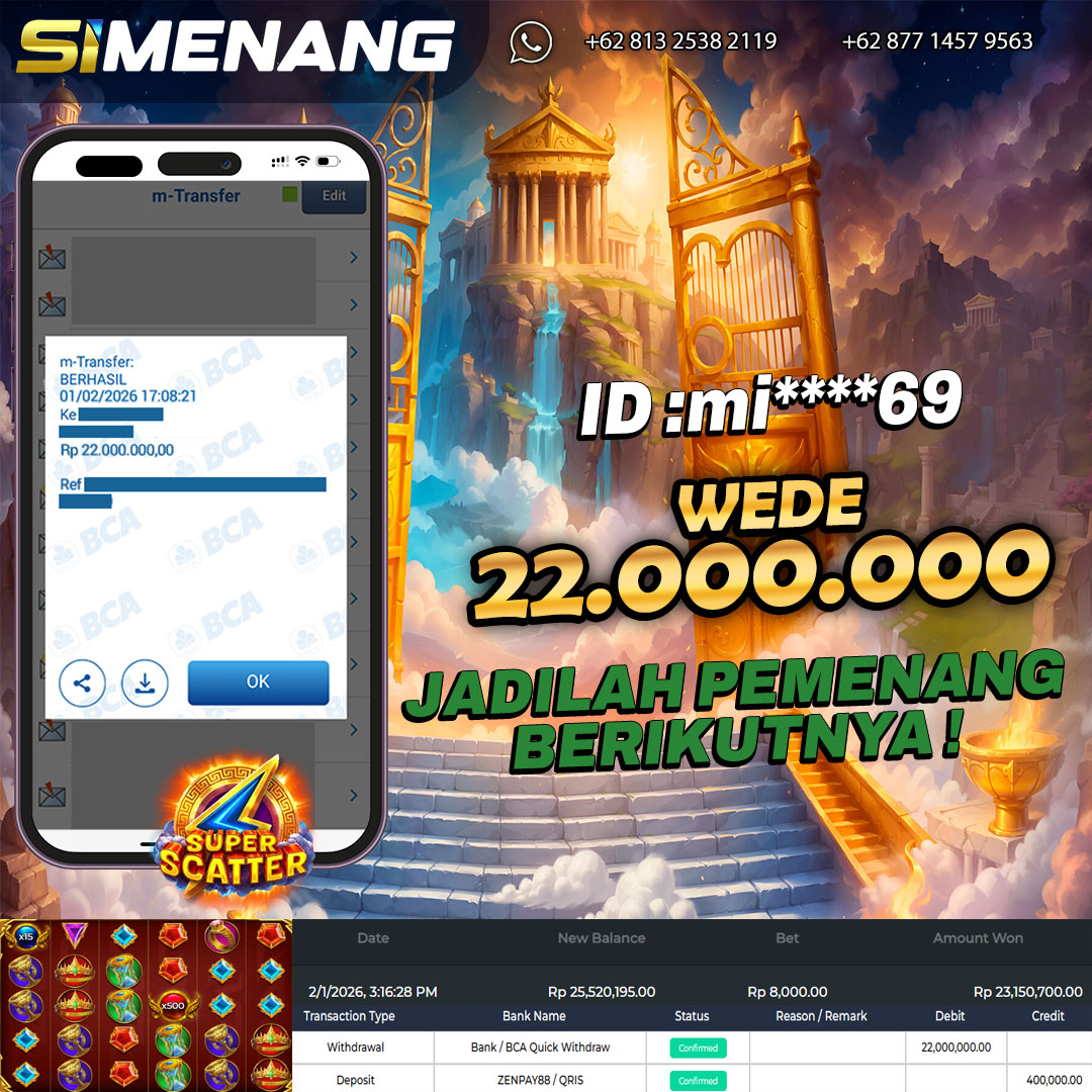 Bukti WD SIMENANG 22 juta Gates of Olympus Super Scatter 1 Februari 2026