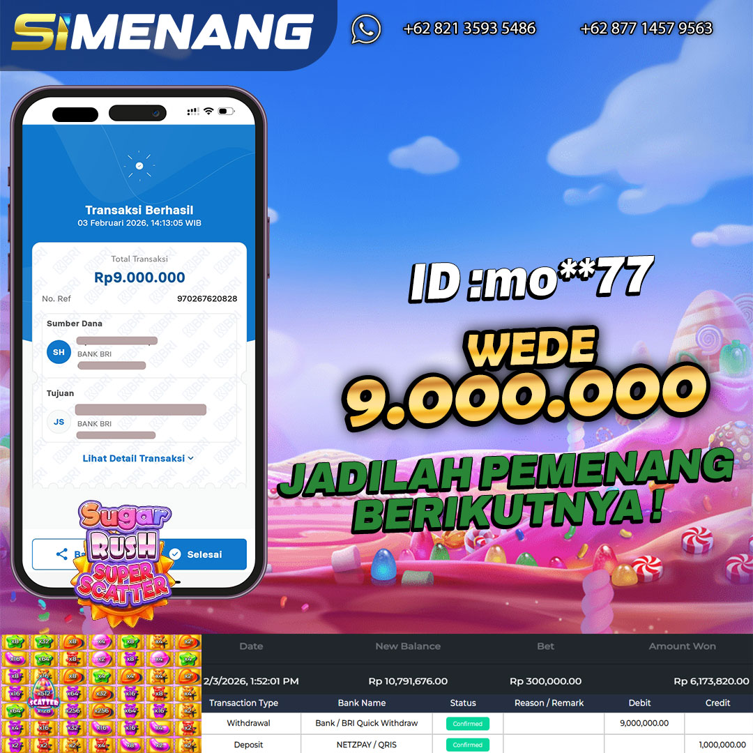 Bukti WD SIMENANG 9 juta Sugar Rush Super Scatter 3 Februari 2026