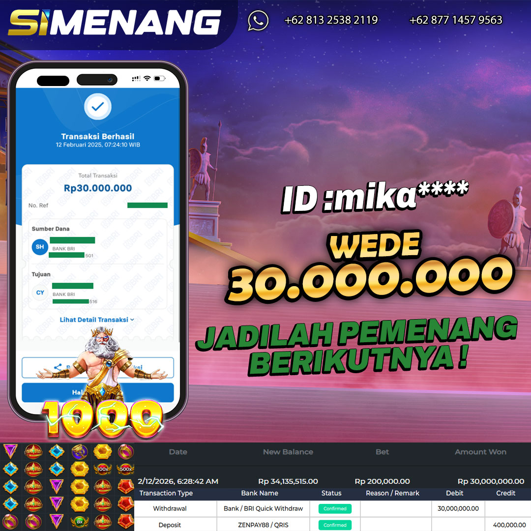 Bukti WD SIMENANG 30 juta Gates of Olympus 1000 12 Februari 2026