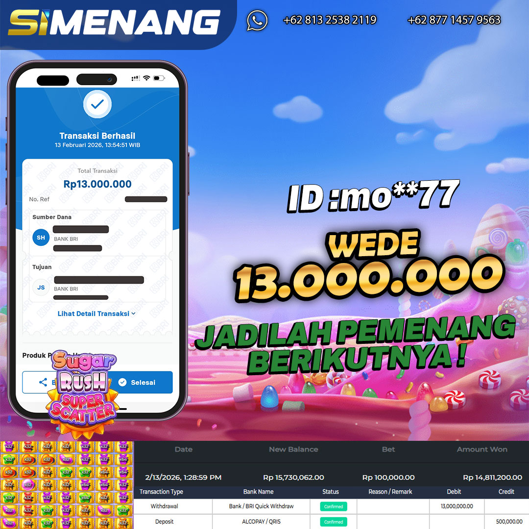 Bukti WD SIMENANG 13 juta Sugar Rush Super Scatter 13 Februari 2026