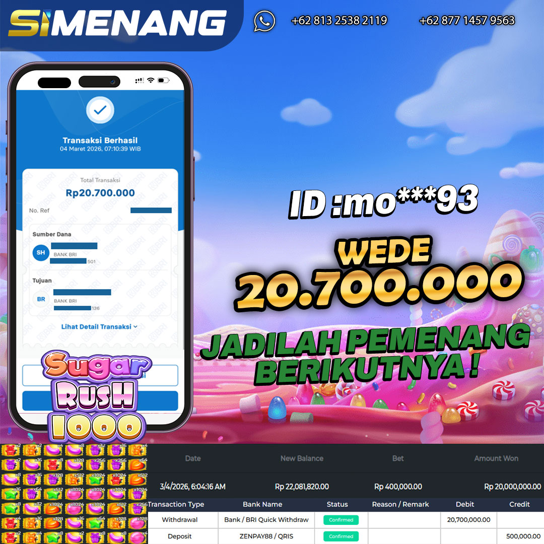 Bukti WD SIMENANG 20,7 juta Sugar Rush 1000 4 Maret 2026