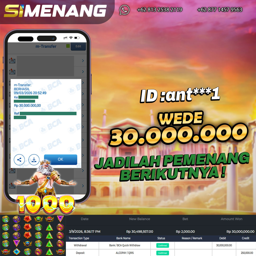 Bukti WD SIMENANG 30 juta Gates of Olympus 1000 9 Maret 2026