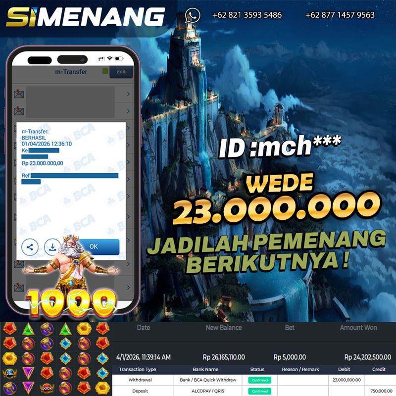 Bukti WD SIMENANG 23 juta Gates of Olympus 1000 1 April 2026