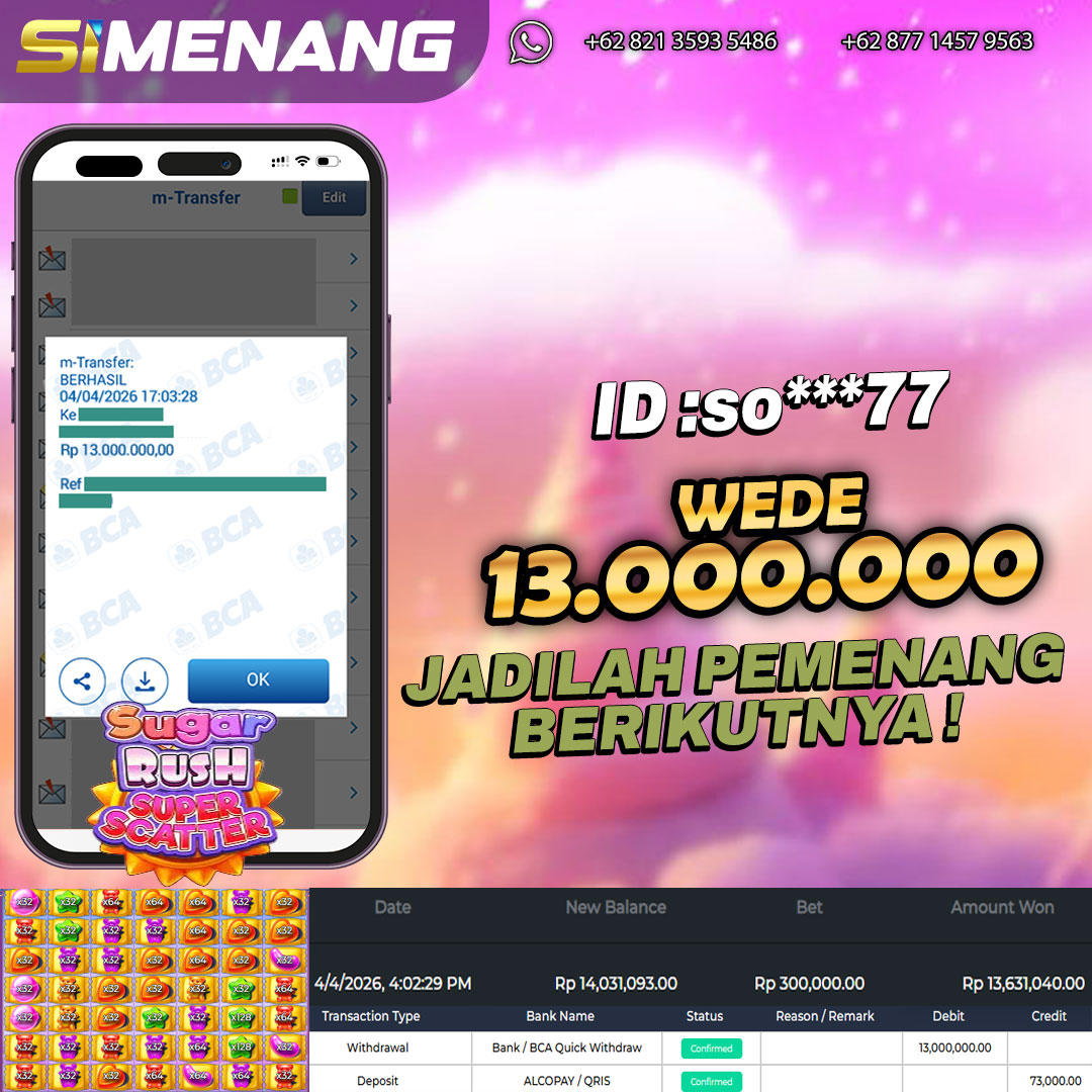 Bukti WD SIMENANG 13 juta Sugar Rush Super Scatter 4 April 2026