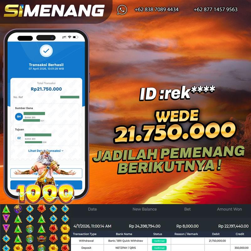 Bukti WD SIMENANG 21,7 juta Gates of Olympus 1000 7 April 2026