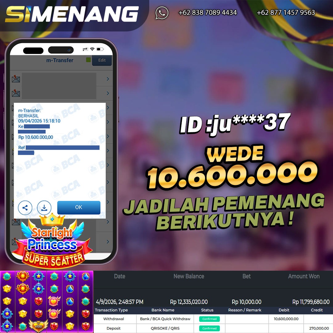 Bukti WD SIMENANG 10,6 juta Starlight Princess Super Scatter 9 April 2026