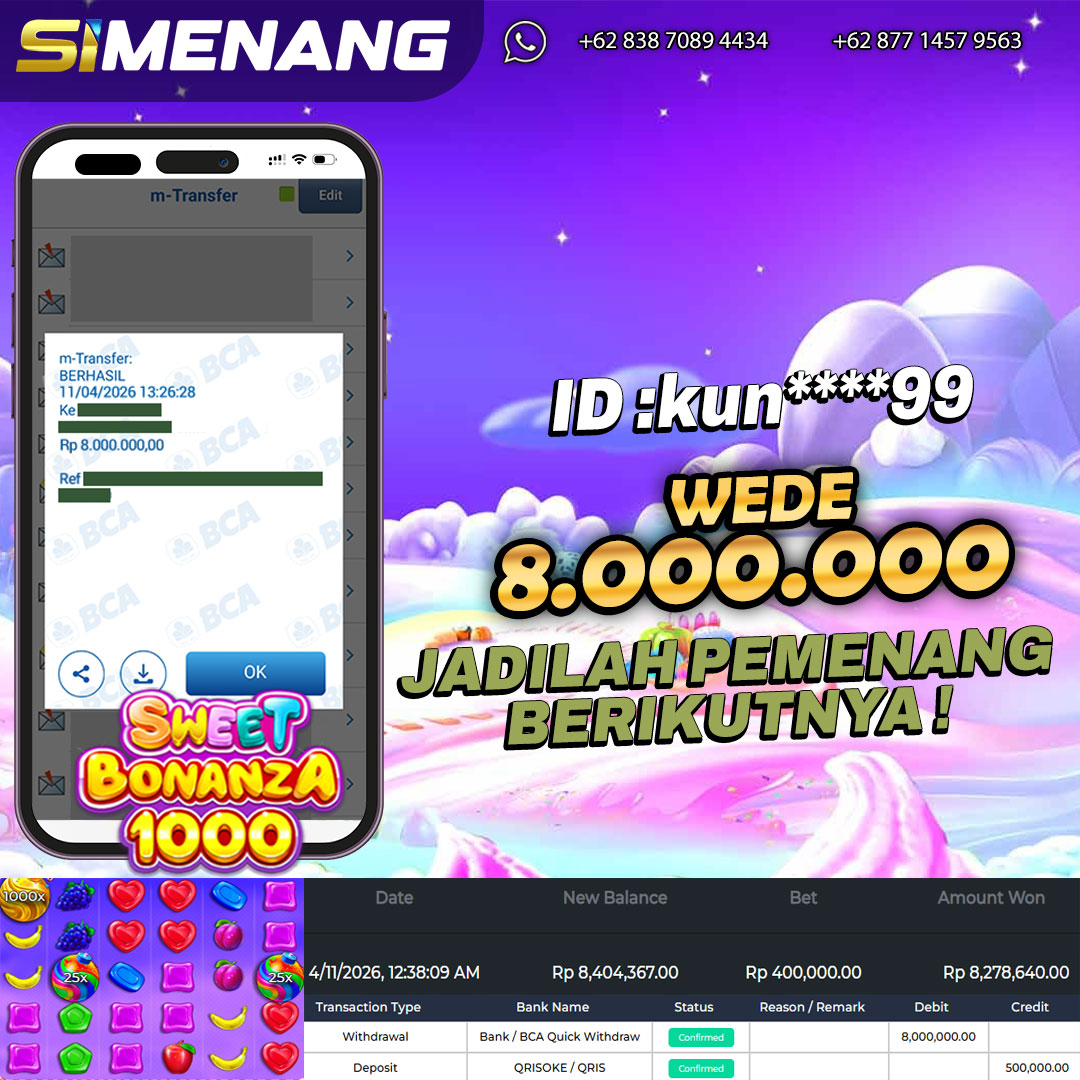 Bukti WD SIMENANG 8 juta Sweet Bonanza 1000 11 April 2026