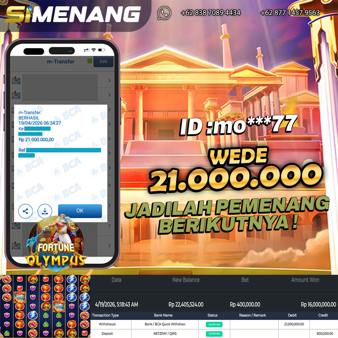 Bukti WD SIMENANG 21 juta Fortune of Olympus 19 April 2026