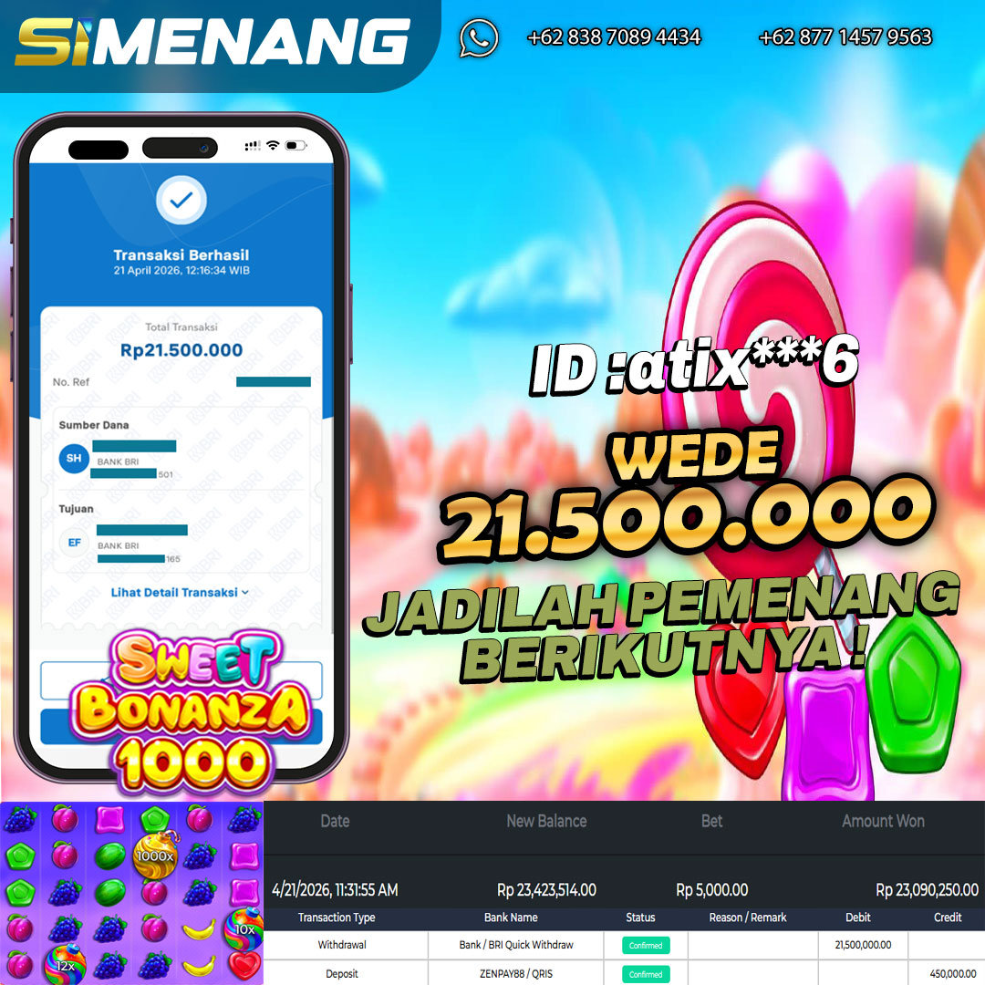Bukti WD SIMENANG 21,5 juta Sweet Bonanza 1000 21 April 2026