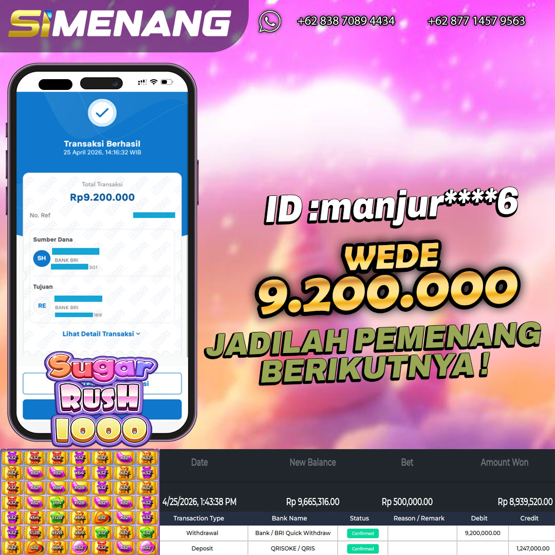Bukti WD SIMENANG 9,2 juta Sugar Rush 1000 25 April 2026