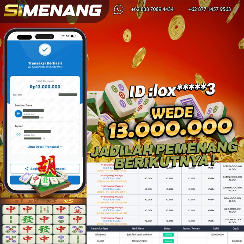 Bukti WD SIMENANG 13 juta Mahjong Ways 26 April 2026