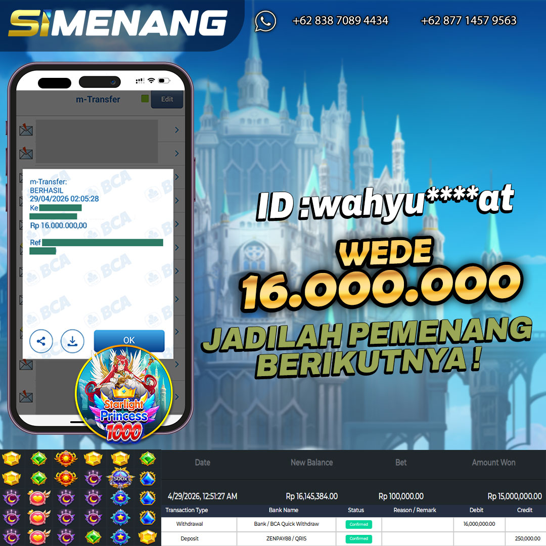 Bukti WD SIMENANG 16 juta Starlight Princess 1000 29 April 2026