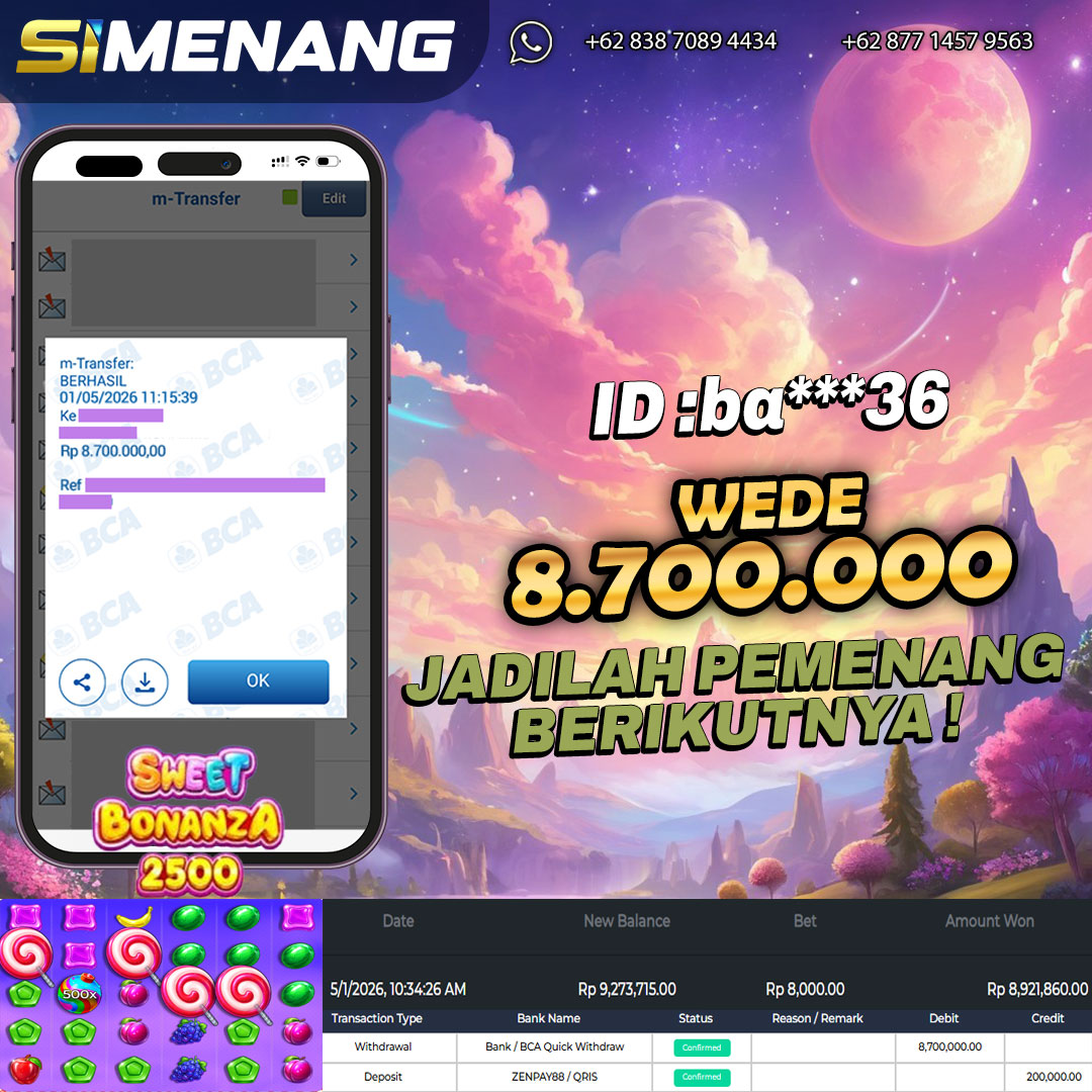 Bukti WD SIMENANG 8,7 juta Sweet Bonanza 2500 1 Mei 2026